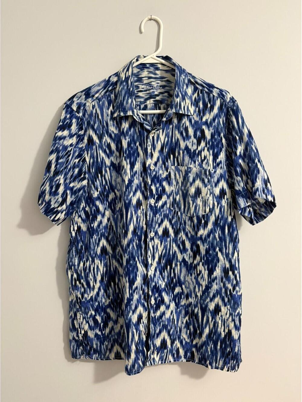 Tasso Elba Shirt Mens Large Blue White Ikat Print 100% Linen Button Up S/S